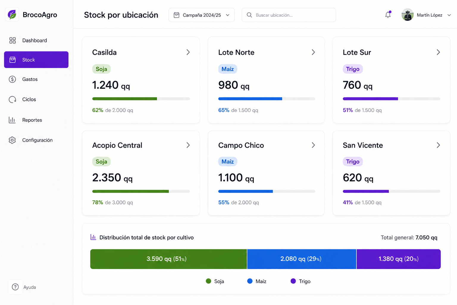 Vista de stock por ubicación con cards de cada lote